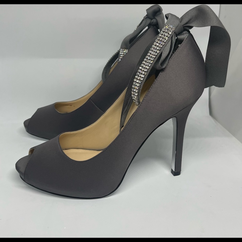Nina Charcoal Satin Peep-Toe Heels with Rhinestone Ankle Straps and Ribbon Tie